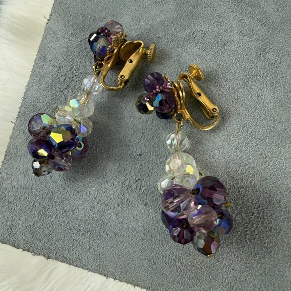 Vintage Vendome Purple & Clear Glass Bead Dangle & Drop Screw/Clip Earrings Gold - Picture 2 of 16